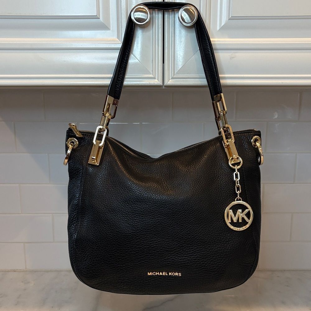 Michael Kors Black Pebbled Leather Shoulder Bag with Gold Hardware - Picture 1 of 16